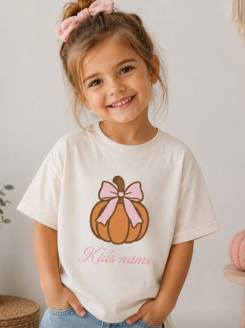 Cream Pumpkin Graphic Tee with Pink Bow - Kids